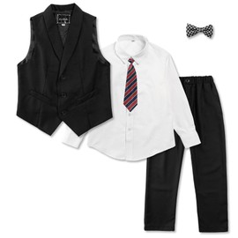 LOLANTA 5-Piece Boys Waistcoat Suit Set, Kids Wedding Birthday Party Formal Suit for Boys, Page Boy Solid Vest Pants Shirt Bow Tie Outfit (Black, 9-10 Years, Tag Size 140)