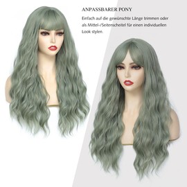 PARXITN Long Wigs for Women with Fringes 60 cm Adjustable Curly Wavy Ash Green Wigs Synthetic Hair Wig Cosplay Daily Use