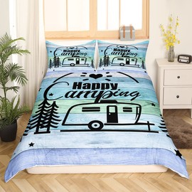 Camper Bed Linen, 135 x 200 cm for Boys, Children, Teenagers, Happy Camping Bed Linen, Rustic Duvet Cover in Country House Style, Duvet Cover for Old Barn Doors, Black Sketch Drawing, Ultra Soft Bed