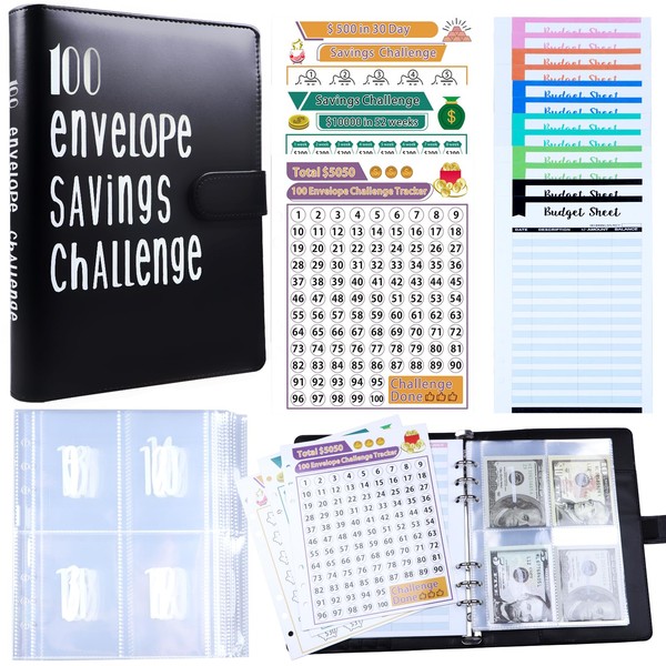 TSHFLYSNB 100 Envelope Savings Challenge Binder, A5 PU Leather Money