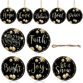 Blulu 20 Pieces Christmas Tree Ornaments Christmas Wishes Tree Wooden Decorations Joy Peace Round Wooden Hanging Crafts for Xmas Crafts Holiday Wedding Decor (Black,Gold)