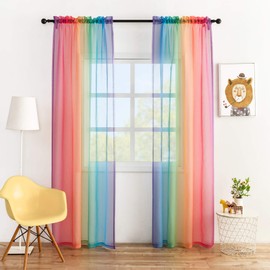 Anjee Rainbow Sheer Curtains 84 inches Long Ombre Colorful Faux Linen Texture 2 Panels Rod Pocket Semi Sheer Gauze Voile Drapes for Kids Bedroom Playrooms Nursery Patio, 52 x 84 Inches