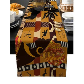 LeoHome African Black Woman Cotton Linen Rectangle Table Runners 16''x72'', Elephant and Giraffe Luxury Table Runners for Wedding Party Banquet Dinner Decor