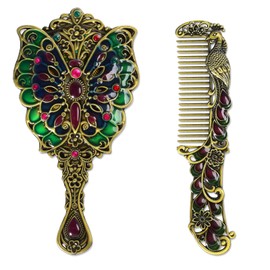 VIOSOON Espejo de Bolsillo Espejo de Mano Espejos de Bolsillo Espejos Bolsillos Mayoreo Espejo para Maquillaje Vintage Mariposa Pequeño Metal Cosméticos Portátil Peine Set (Mariposa Verde)