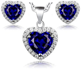 Crystalline Azuria Women Girls 18ct White Gold Plated Blue Simulated Sapphire Zirconia Crystals Hearts Set Pendant Necklace 17.7 inches Stud Earrings