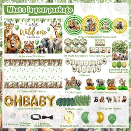 Mpanwen Safari Jungle Baby Shower Decorations, 187Pcs a Wild One Is On The Way Animal Party Supplies Decor for Boy Girl Baby Showers - Banners, Tablecloth, Centerpieces, Fans Pompoms, Thank You Cards