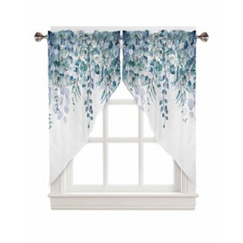 Cortinas de ventana de cocina, hojas de eucalipto, hojas botánicas, acuarela, hojas pequeñas, tratamiento de ventana, color azul, café, cortinas cortas, para baño, recámara, 56 pulgadas de ancho x 36