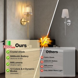 Battery Operated Crystal Wall Sconces Set of 2, Gold Wireless Wall Sconce with USB Rechargeable LED Light Bulbs 12 Colors Dimmable Crystal Wall Lamp with Remote for Bedroom Living Room, Bulbs Included