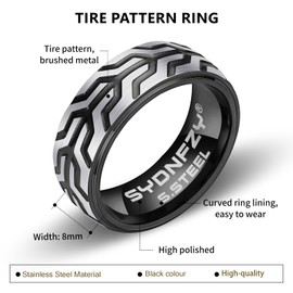 SYDNFZY Mens Wedding Band Ring - 8mm Fashion Classic Stainless Steel Engagement Promise Rings for Men Women, Cool Tire Tread Pattern Ring for Men Biker Bands Comfort Fit Jewelry Gift Ring Size 7 8 9 10 11 (Black, 6)
