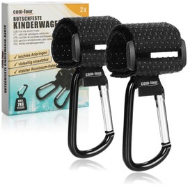 com-four® 2 x Pram Hooks with Non-Slip Rubber Nubs for Changing Bag – Pram Bag Holder – Carabiner Hook Pram Hook – Bag Carabiner (Black)
