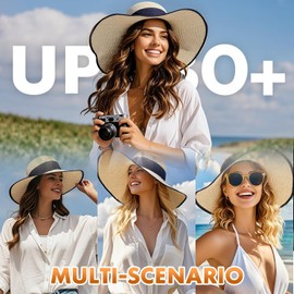 Barelove Sun Visor Hats for Women Wide Brim Straw Ponytail Summer Beach Hat UV UPF Packable Foldable Travel Khaki (US, Alpha, Medium, Large, Beige - Wide wrap)