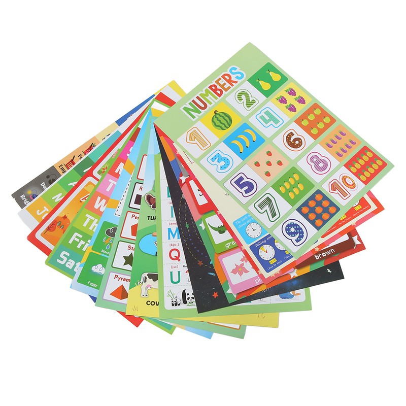 12PCS Educational Posters for Kids Cartoon Learning Poster Waterproof English