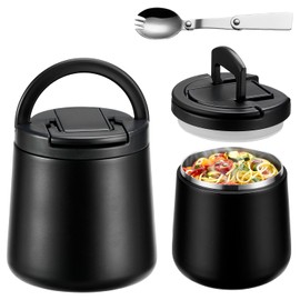 Itslife Thermal Food Container 600 ml, Stainless Steel Food Storage Container with Buckle Lid and Spoon, Thermal Lunch Box Children Leak-Proof, Food Container for Picnics, Schools and Offices, Black