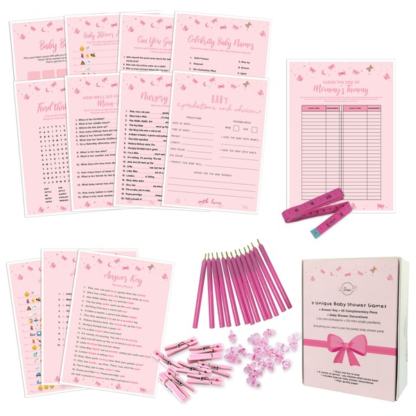 Dessie Baby Shower Games for Girls - Ultimate Baby Shower Game Set - 9 Unique Girl Baby Shower Games, 100 Mini Clothespins, 100 Mini Acrylic Pacifiers, 25 Pens