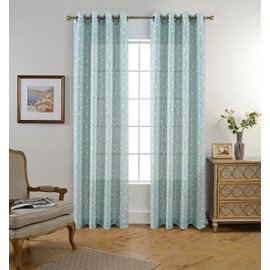 MIUCO Floral Embroidery Semi Sheer Curtains Faux Linen Grommet Panels for Living Room 52 x 84 Inch 2 Panels Set, Subtle Green