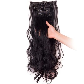DODOING 6Pcs 16 Clips in Hair Extensions Curly Wavy Straight Thick Clip on Synthetic Hair Extension Hairpieces, Natural Black, Curly-24 Inch 130g