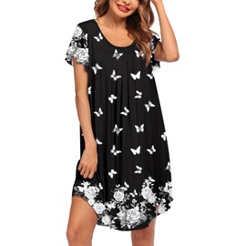 Ekouaer Womens Nightgown Soft Sleepwear Pleated House Dress Short Sleeve Mumu Dress Lounge Dress,Black White Butterfly,X-Large