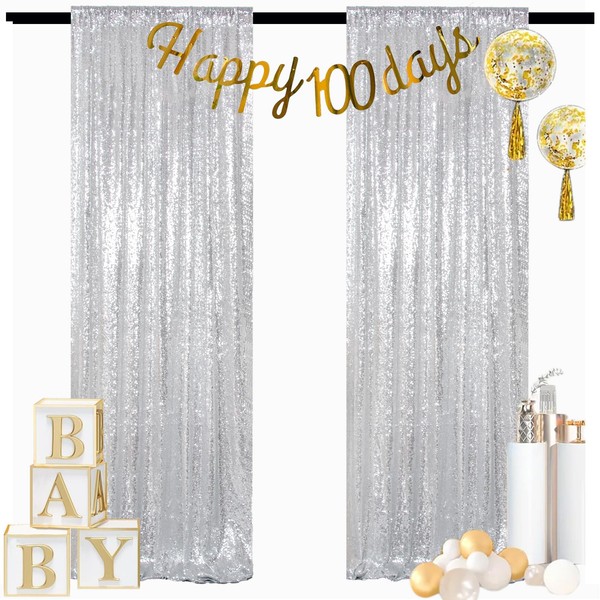 ShinyBeauty Silver Backdrops 2 Pieces Sequin Curtains 4FTx7FT Photoshoot Background
