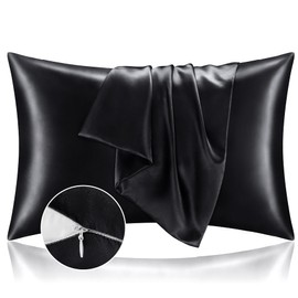 BEDELITE Satin Pillowcase with Zipper 2 Pack, Black Pillow Cases Standard Size, Super Soft and Cooling Similar to Silk Pillow Cases, Gift for Women Men(20x26 Inches)
