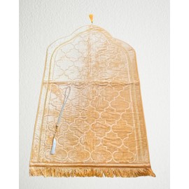 Plush Padded Muslim Prayer Mat with Tassels and Prayer Beads, Islamic Prayer Rug, 70x110cm (Beige)