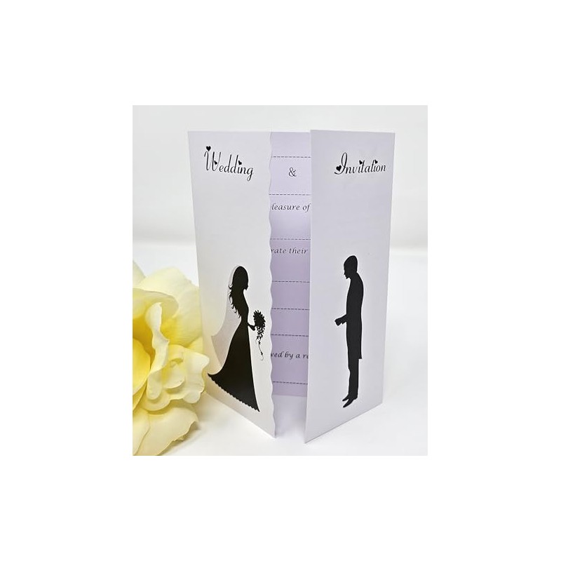 Pack of 10 Silouette Wedding Invitations with ribbon and envelopes-