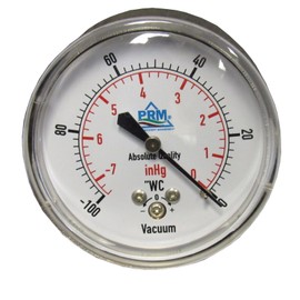 PRM Vacuum Gauge 0 to -100” WC / 0 to -7 inHg, 2.5 Inch Chrome Plated Steel Case, Brass Internals, 1/4 Inch NPT Back Mount, Dry Gauge for Air & Water Systems