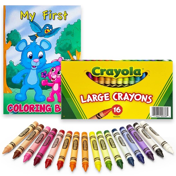 Large Crayons, 16 Count Assorted Colors Crayons, 1 Pack Jumbo Crayons - Ideal Toddler Crayons, Fat Crayons, Thick Crayons, Big Crayons + Toddler Coloring Book, Coloring Books for Kids