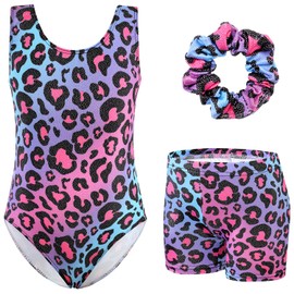 XiaoMoSha Gymnastics Leotards for Girls with Shorts and Hairband Set Purple Colorful Leopard Ballet Dance Outfit for Kids Sleeveless Sparking Gymnastics Outfits Biketards Tumbling PurpleLeopard 7-8Y