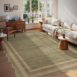 Lahome Scalloped Washable Rugs 8x10, Soft 8x10 Green Rugs for Living Room Bedroom, Modern Non-Slip Stain Resistance Large Ultra-Thin Throw Carpet for Nursery Dining Room Office, Olive/Grey