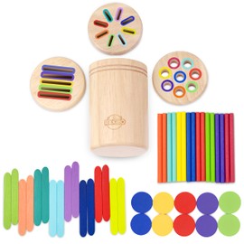 Rakibo Montessori Color Sorting Toy for Toddlers Ages 1 2 3 4 5 – Wooden Educational Toy with Lids, Pegs, Sticks & Discs – Fine Motor Skill & Sensory Activity Toy for Boys & Girls