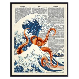 Kanagawa Wave Octopus Wall Art 11x14 - Retro Ocean Themed Home Decoration for Office, Apartment, Beach house, Living Room, Bedroom - Japanese Art - Eclectic Trendy Goth Wall Decor, Coastal Beach Theme