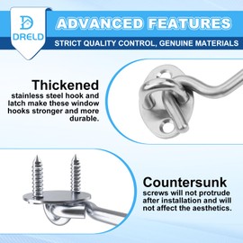 DRELD 12-Inch Cabin Hook Eye Latch Kit, 2-Pack 304 Stainless Steel Door Hook Latch with 8 Mounting Screws Door Catch Hardware for Yard Gate, Fence, Garage, Barn Door, Shed, Window, Closet (12")