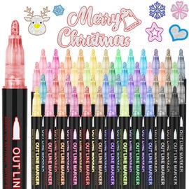 OLINGYOU Double Line Outline Pens,48 Colors Self-outline Shimmer Markers Set,Double Line Pen for Drawing, Greeting Card,Birthday Greeting, DIY Art Crafts, Easter Eggs