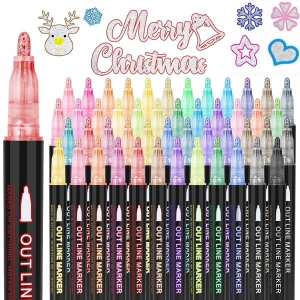 OLINGYOU Double Line Outline Pens,48 Colors Self-outline Shimmer Markers Set,Double