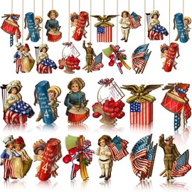 4th of July Decorative Hanging Ornaments 24 Pcs Patriotic Ornaments for Memorial Day Tree Wooden Decorations Red White Blue Hanging Ornament America Independence Day for Office Home Decor (Vintage)