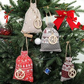 Fostoy Christmas Advent Calendar Bags, 24 Days Xmas Countdown Calendar Burlap Bags for Adults and Kids, DIY Candy Bags for Holiday Xmas