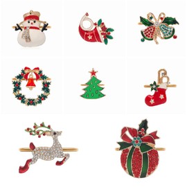 Merry Xmas Napkin Rings Decoration Wreath Stocking Bells Reindeer Tree Set of 8