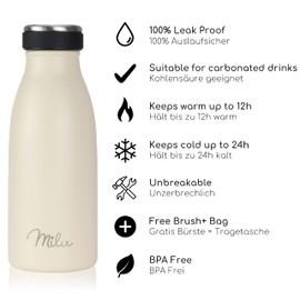 Milu Stainless Steel Drinking Bottle 350 ml, 500 ml, 750 ml, 1 L, 1.5 L - Thermos Flask for Children Adults Leak-Proof Insulated Flask Suitable for Carbonated Drinks - Includes Cleaning Brush