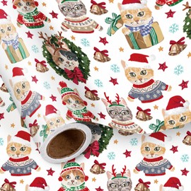 LeZakaa Cat Christmas Wrapping Paper Roll, Cute Pets in Holiday Sweaters, Cat Gift Wrap for Kids, Family for Winter Holiday Gifts DIY Crafts Stocking Stuffer Wrap, Mini Roll 17 Inches x 16.4 Feet