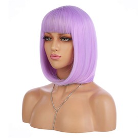 eNilecor eNilecor Short Bob Hair Wigs 12" Straight with Flat Bangs Synthetic Colorful Cosplay Daily Party Wig for Women Natural As Real Hair+ Free Wig Cap (Lavender Purple)
