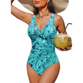Holipick Green Paisley Women Tummy Control One Piece Swimsuit - Push Up Bathing Suit Full Coverage Slimming Swimwear L