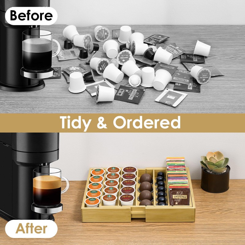 Kssiaz Coffee Pod Holder Drawer, Bamboo K Cup Holder Compatible
