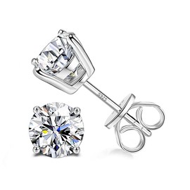 Sllaiss Sterling Silver Cubic Zirconia Stud Earrings for Women Men 14k White Gold Plated Round CZ Earrings for Sensitive Ear (6MM (1.5CT), SILVER)