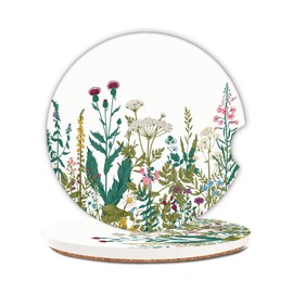 Vintage Wildflower Herbs Car Coasters,Ceramic Absorbent Cup Holders with Finger Notch & Cork Base Car Assecories for Women/Men 2.6"(2 Pieces)