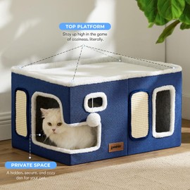 ZOMISIA Extra-Wide Cat House for Indoor Cats - Large Cat House for Pet with Fluffy Ball Hanging and Scratch Pad, Foldable Cat Hideaway for Multi Cats, 23x16.5x13 inches, Green