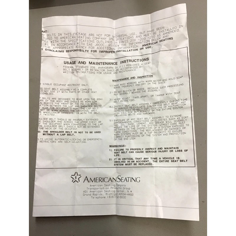 IMMI AMERICAN SEATING SEAT BELT ASSEMBLY 1192 (M3)