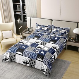 Rustic Farmhouse 100% Cotton Duvet Cover Twin, Retro Woodland Moose Comforter Cover, Country Bear Deer Patchwork Bedding Set, Hunting Wild Animal Plaid Adventure Quilt Cover for Bedroom, Blue Grey