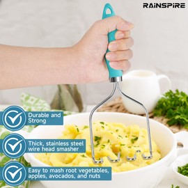 Rainspire Potato Masher Stainless Steel, Mashed Potato Masher Kitchen Tool, Durable Mash Potatoes Masher, Soft Non-slip Handle, Kitchen Utensils, Kitchen Gadgets (Blue)