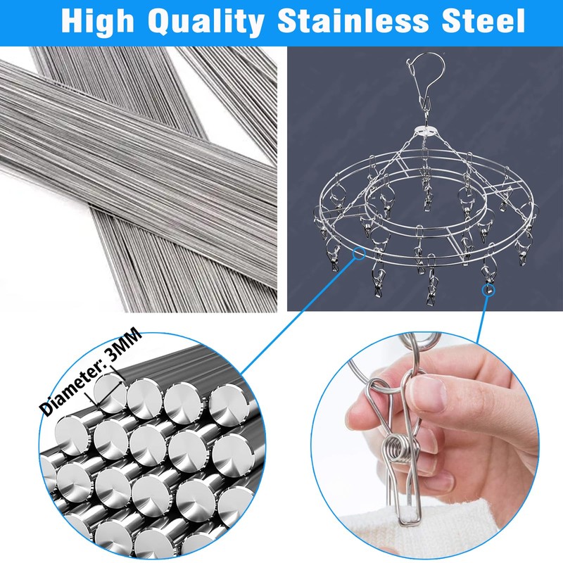 Stainless Steel Sock Drying Rack with 20 Clips, Stainless Steel