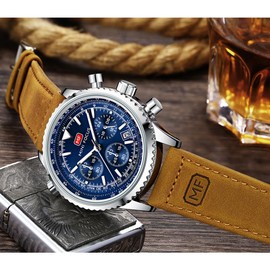 MF MINI FOCUS Men Watch Calendar Chronograph Waterproof Sport Analog Quartz Watches Blue Dial Brown Leather Strap Fashion Wristwatch for Men